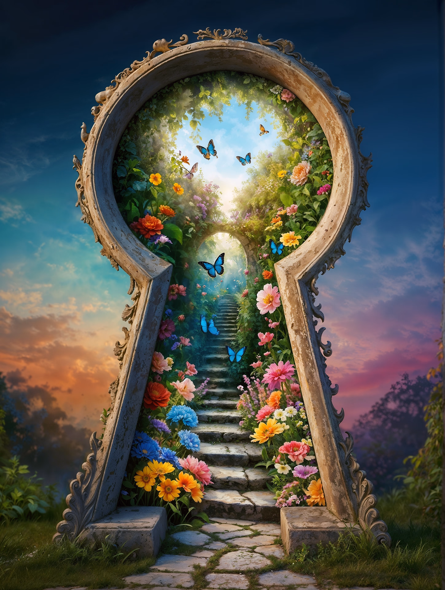 A mesmerizing artwork that seamlessly combines the mystique of a detailed keyhole outline with the vibrancy of a garden. The intricately designed keyhole frames a harmonious blend of colorful flowers and lush foliage, creating a captivating landscape within its confines. The garden comes alive with dancing butterflies, adding a touch of whimsy and movement to the serene scene. This enchanting fusion of geometric shapes and thriving nature ignites curiosity and wonder, inviting viewers to delve into the hidden mysteries hidden within the depths of this magical world. The artwork, rendered with a dreamy painting style, showcases soft brushstrokes and vibrant colors, capturing the enchanting beauty and allure of this captivating garden.