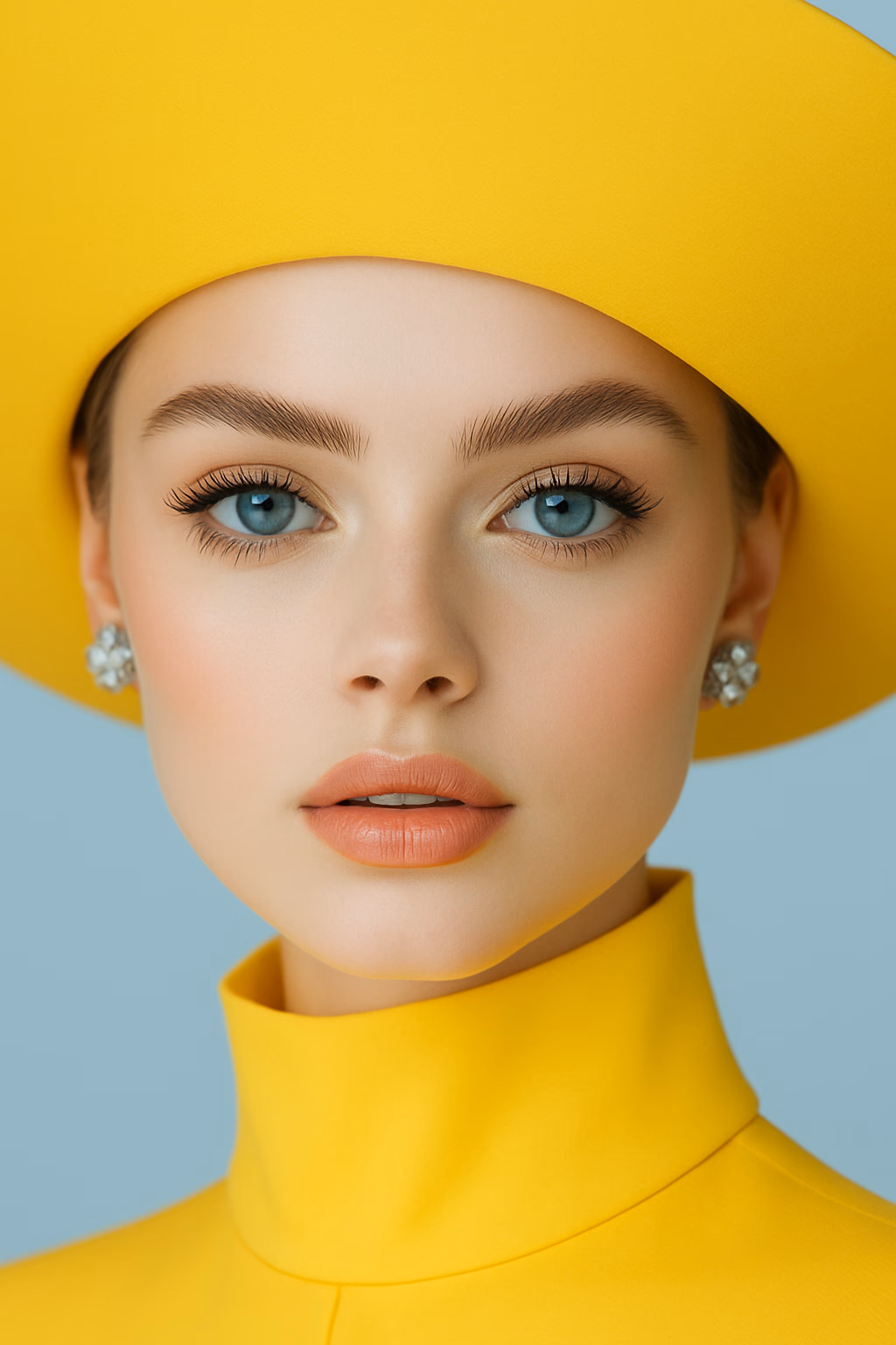 {
  "subject": {
    "type": "portrait",
    "gender": "female",
    "age": "young adult",
    "ethnicity": "ambiguous European",
    "skin_tone": "fair, porcelain-like",
    "skin_texture": "smooth and flawless, with matte finish",
    "facial_features": {
      "eyes": {
        "color": "light blue with aqua tones",
        "shape": "almond-shaped",
        "makeup": {
          "eyeshadow": "gold shimmer with inner-corner highlight",
          "eyeliner": "black, fine, enhancing lash line",
          "lashes": "long, voluminous, curled"
        }
      },
      "eyebrows": {
        "shape": "full and straight with natural arch",
        "color": "medium brown"
      },
      "lips": {
        "shape": "full and symmetrical",
        "color": "soft peach with a glossy finish"
      },
      "nose": "small and straight",
      "cheekbones": "high and softly contoured"
    },
    "hair": {
      "style": "tucked under hat, hidden from view",
      "color": "light brown or blonde (not visible)"
    },
    "accessories": [
      {
        "type": "earrings",
        "style": "diamond stud with halo setting",
        "size": "small to medium"
      },
      {
        "type": "hat",
        "style": "wide-brim fashion hat",
        "color": "bright yellow"
      }
    ]
  },
  "clothing": {
    "type": "high-collared garment",
    "color": "bright yellow",
    "style": "minimalist, smooth fabric"
  },
  "pose": {
    "framing": "tight close-up, face centered",
    "expression": "neutral with slightly parted lips",
    "eye_contact": "direct to camera"
  },
  "lighting": {
    "type": "soft, diffused",
    "direction": "frontal, even illumination",
    "effect": "enhances smoothness of skin and brightness of colors"
  },
  "background": {
    "color": "soft pastel blue",
    "style": "solid, smooth",
    "depth_of_field": "shallow (sharp focus on subject)"
  },
  "image_quality": {
    "style": "ultra-high resolution, fashion editorial",
    "focus": "sharp on eyes and facial features",
    "color_grade": "bright and clean"
  }
}