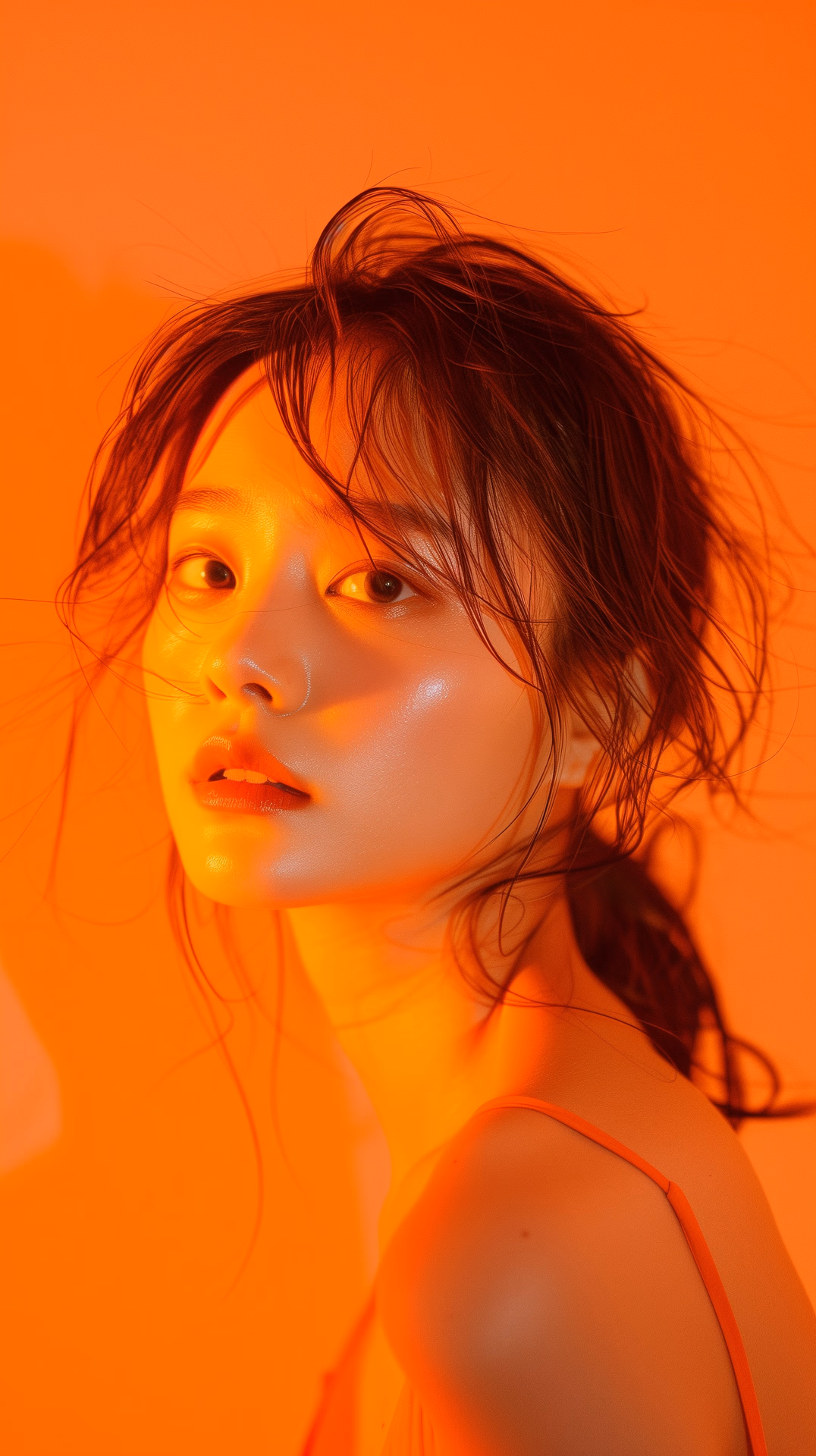 photography, orange hue, korean woman model, solid orange backdrop, using a camera setup that mimics a large aperture, f/1.4 --ar 9:16 --style raw