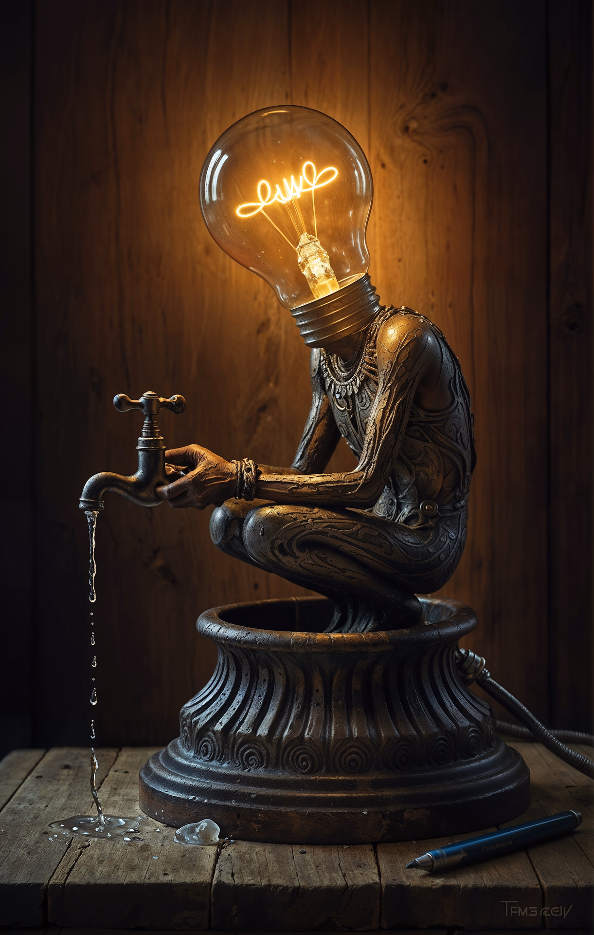 A captivating dark fantasy illustration showcases an intricately designed metallic figure with a light bulb as its head, casting a warm and eerie glow. The vintage anthropomorphic form, adorned with intricate details, sits on a decorative base. Clutching a faucet, water droplets drip down, adding to the mysterious ambiance. The muted brown background, wooden surface, and solitary pencil hint at the figure's potential creative pursuits, evoking a sense of antiquity and intrigue in the architectural and illustrative painting., illustration, dark fantasy, painting, architecture