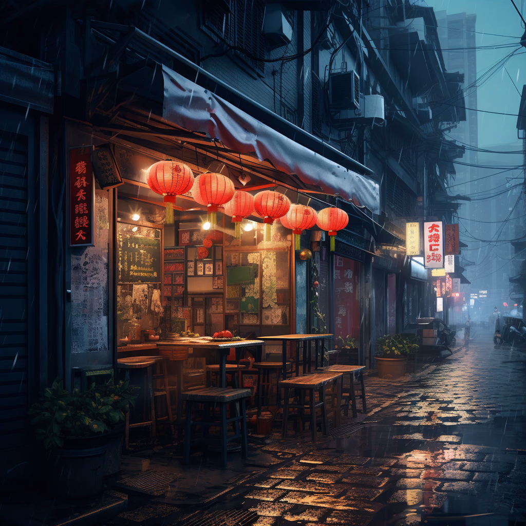 Detailed digital 3d art, hyperrealistic, Pastel styling, super pro illustration, sketch, crossinghatch, drawing, detailed, obvious color, vivid colors, beautiful art uhd 4k. extremely dark night, severe heavy fog, China, food street, bright restaurants, bright doors and windows, street lights, someone at the far end, behind the low old house is modern high-rise building with flashing lights, wet ground, golden ratio, fake detail, trending pixiv fanbox, acrylic palette knife, style of makoto shinkai studio ghibli genshin impact james gilleard greg rutkowski chiho aoshima